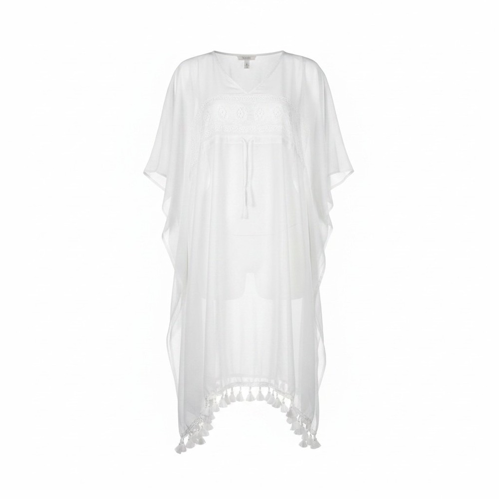 Tavik Women White Sheer Tassel Kaftan Beach‎ Swim Cover Up V-Neck Drawstring OS
